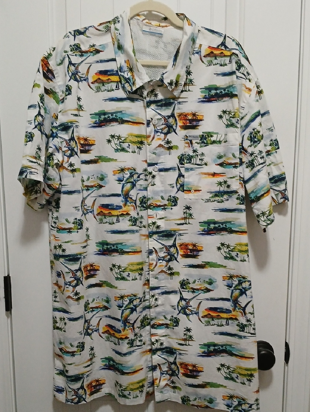 White Tropical Hawaiian Button-Up Shirt with Multicolor Island Print